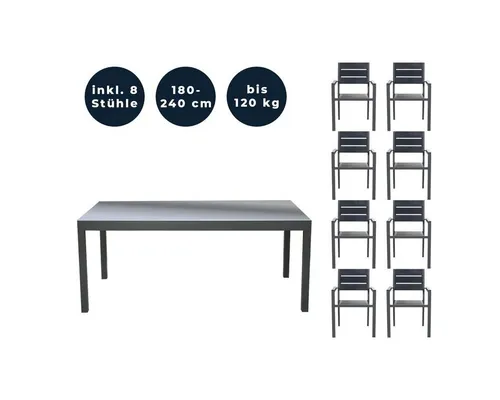 HOME DELUXE Gartentisch SOL - Ausziehbar mit 8 Stühlen - Gartentisch mit ausziehbarer Funktion, ideal für Garten, Terrasse oder Balkon. Witterungsbeständig, pflegeleicht und mit robustem Aluminiumgestell für maximale Langlebigkeit.
