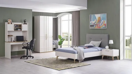 Kinderzimmer Garnitur 4tlg. Weiß Holz – Kinderbett, Kleiderschrank & mehr - Vielseitiges Set für das Kinderzimmer: Enthält Bett, Kleiderschrank, Nachttisch und Schreibtisch. Hergestellt aus robustem Holzfurnier und MDF, ideal für Jungen und Mädchen.
