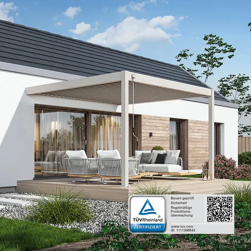 Weide Deluxe Wand Pergola 3,6 x 4 M - Pavillon aus wetterbeständigem Aluminium mit flexiblem Lamellendach in Ivory Sand. Ideal für Garten- und Terrassengestaltung, bietet effektiven UV-Schutz und regulierbare Belüftung.