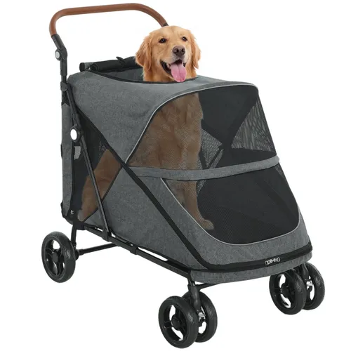 PawHut Faltbarer Hundebuggy mit 360° Drehrädern für große Hunde bis 30 kg - Der PawHut Hundewagen bietet großen Hunden bis 30 kg mit seiner großzügigen Kabine (88x52x55 cm) höchsten Komfort. Robuster Rahmen und Allradfederung garantieren eine sanfte Fahrt. Ideal für Ausflüge und Tierarztbesuche.