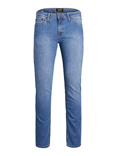 JACK & JONES Tim Original Slim Fit Herren Jeans - Blau (AM154), W31/L30 - Klassische Slim Fit Jeans von Jack & Jones mit stylishen Details wie geprägten Knöpfen und Leder-Patch. Ideal für lässige Looks und bequem im Alltag.