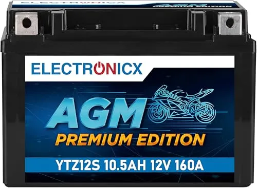 Electronicx AGM Motorradbatterie 12V 11Ah YTZ12-S – Wartungsfrei & Hohe Startleistung - Motorradbatterien mit 160A Kaltstartstrom für zuverlässige Zündung bei jedem Wetter. Wartungsfrei, auslaufsicher und vibrationsresistent – ideal für Tourer, Sportler und Enduro.