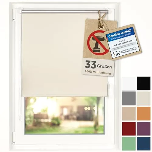 Blumtal Verdunklungsrollo ohne Bohren 85x150cm - Thermorollo/Verdunklungsrollo 100% Verdunkelung - Thermorollo ohne Bohren - 4-lagiges Rollo UV-beständig - Rollos & Jalousien Elfenbein