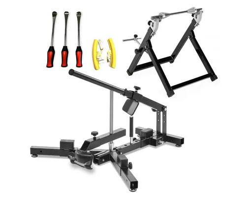 ConStands Reifenmontagemaschine Set mit Wuchtbock - Reifenmontagemaschine Set für Motorradreifen, inklusive Wuchtbock und Montagewerkzeug. Ideal für schnellen Reifenwechsel in Werkstatt oder Garage, geeignet für alle Reifengrößen von 12 bis 21 Zoll.