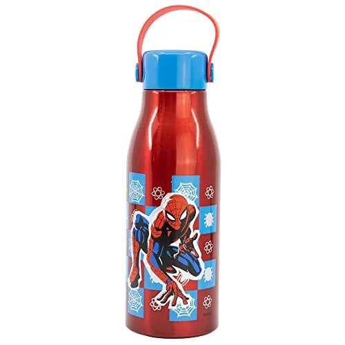 Stor Original Marvel Spiderman Aluminiumflasche für Kinder 760 ml mit Deckel mit Haken und Kappe mit Silikongriff.