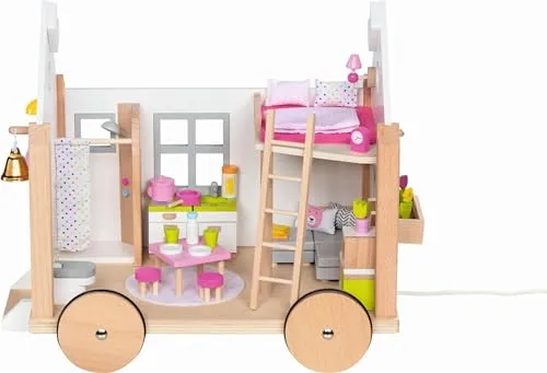 goki 51477 - Tiny House Hygge für Mini-Puppen - Puppenhaus im skandinavischen Stil, 40-teiliges Set, fördert Kreativität und Fantasie der Kinder. Mobil und leicht zu ziehen, ideal für unterwegs oder im Kinderzimmer.