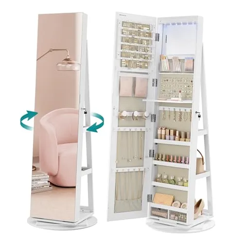 SONGMICS Schmuckschrank, Spiegelschrank, mit rahmenlosem Ganzkörperspiegel, 3 Ablagen, 360° drehbar, abschließbar, Oberfläche in Weiß, Innenfutter in Greige JJC007W02