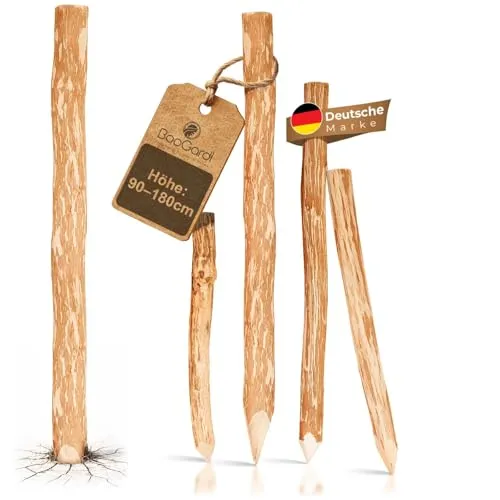 BOOGARDI Holzpfosten für Staketenzaun – 5x 90 cm Haselnusspfahl - Robuste Holzpfähle aus Haselnussholz, ideal für Staketenzäune und Gartenprojekte. Angespitzte Form für einfache Montage und natürliche Optik – langlebig und vielseitig einsetzbar.
