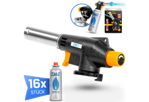 ZMC Flambierbrenner Bunsenbrenner Grillanzünder Lötlampe mit 16 Gaskartuschen 227g MSF-1a, (Einstellbare Flamme, Piezo-Zündung, Kohleanzünder Flambierbrenner Butangasbrenner Butangas Gaskartusche), Brenneraufsatz Gasbrenner Flambiergerät Lötbrenner Gasanzünder