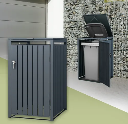 ML-Design Mülltonnenbox 1er - Elegante Abdeckung für 240L Mülltonne - Mülltonnenbox für 1 Tonne (240L), wetterfest und aus pulverbeschichtetem Stahl. Mit Klappdeckel und cleverem Zugseilsystem für einfachen Zugang und gute Luftzirkulation.