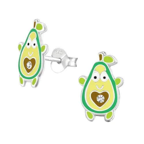 Monkimau Avocado Kinder Ohrringe | 925 Silber | Mädchen Ohrstecker Schmuck | Hypoallergen & Nickelfrei | Kinderohrringe Geschenkidee