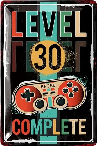 LANOLU Blechschild 30 Schild Geburtstag - LEVEL 30 COMPLETE - Deko 30 Geburtstag Mann, 30 Geburtstag Deko für Gamer, lustiges Geburtstagsschild 30 als Geburtstagskarte 30, Metallschild 20x30cm