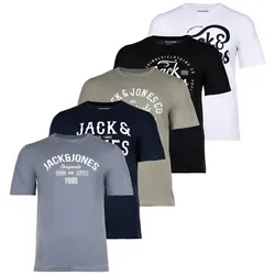 JACK&JONES Herren T-Shirt 5er Pack - JJLEOGRA Tee Crew Neck - T-Shirts für Herren im praktischen 5er Pack, aus reiner Baumwolle für hohen Tragekomfort, mit verschiedenen Logo-Prints und regular Fit für eine lässige Passform.