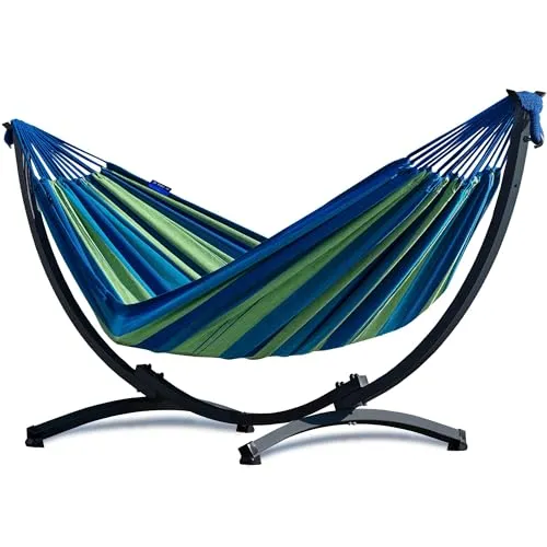 Potenza Hängematte mit Gestell - Stabiler Rahmen bis 200kg - Hängematte & Gestell, ideal für Innen- und Außenbereiche. Bequeme Baumwollhängematte mit stabilem Stahlgestell, das einfach aufzubauen ist und 200kg trägt.