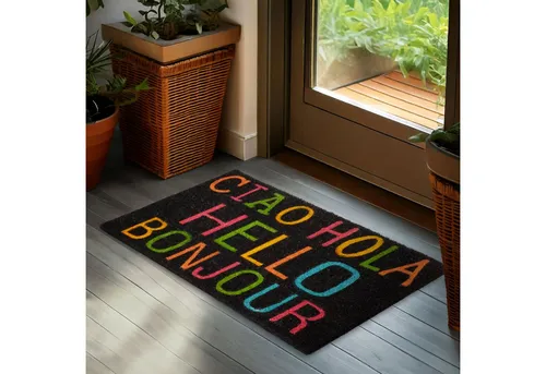 BRUBAKER Fußmatte Schmutzfangmatte für Außen und Innen - 45 x 75 cm Kokos Fußabtreter, Rechteckig, Höhe: 16 mm, Ciao Hola Hello Bonjour - Antirutsch - Wetterfest Rutschfest - Bunt