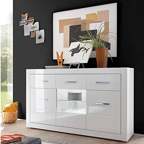 Lomadox Sideboard BALVE-61, Weiß Hochglanz mit LED-Beleuchtung 164x97x42cm