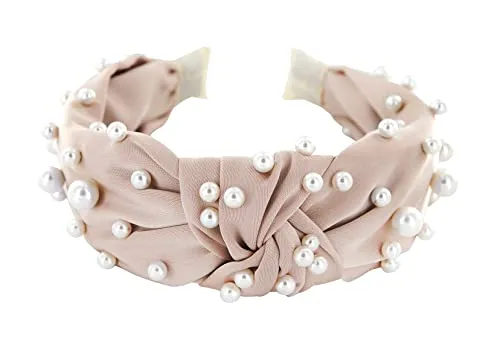 axy Haarreif mit Perlen und Knoten-Satin bezogen-Vintage-Wunderschön Stirnband Haarschmuck Damen Haarreifen HR35AP (Taupe)