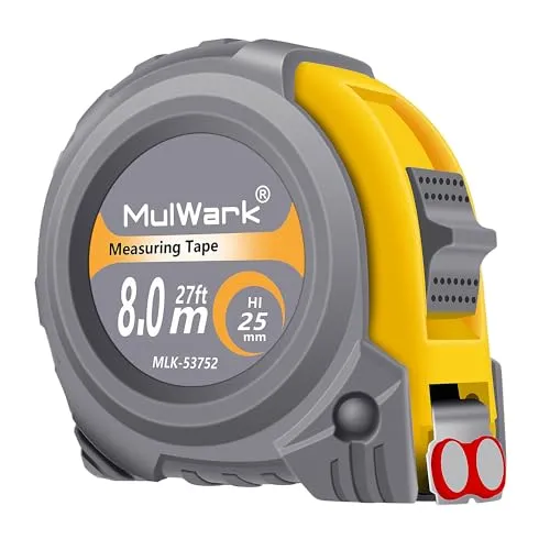 MulWark 8m Maßband mit Magnetspitze | Doppelskala (metrischer/Zoll) | Beidseitige Metallklinge, schockabsorbierende Hülle – für Bauwesen, Handwerker, Tischler und Architekten