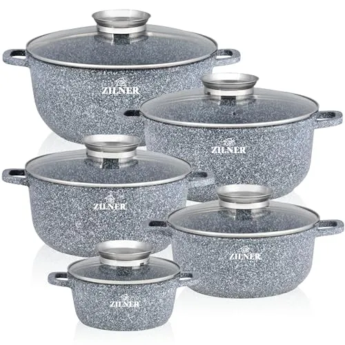 Topfset Induktion 10-Teilig - 5 Töpfe mit Glasdeckel, PFOA-freie Antihaftbeschichtung und Aromaknopf-Griff für müheloses Kochen