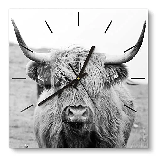 DEQORI Glasuhr Zotteliges Hochlandrind | 30x30 cm in schwarz von DEQORI