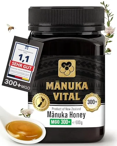 Manuka Vital MGO 300+ 500g - 100% natürlicher Manuka Honig aus Neuseeland - Brotaufstrich aus 100% originalem Manuka Honig, laboranalysiert mit mindestens 300 MGO für höchste Qualität und einzigartigen Geschmack. Unterstützt Bienen- und Naturschutzprojekte.