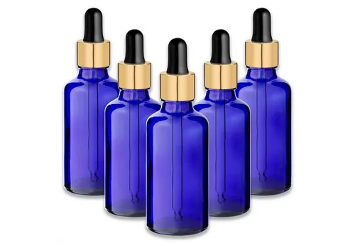 CK Verpackung GmbH Pipettenflasche 5x Blaue Glasflasche 50 ml mit goldener Aluminiumpipette leer für Öl