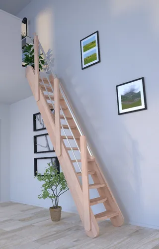 Produktbild Raumspartreppe Samos in Buche-Holz-Edelstahl Geländer-verjüngte Stufen/wechse...