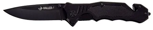 Haller Rettungsmesser Black - Taschenmesser mit Gurtschneider und Glasbrecher, ideal für Notfälle. Die schwarze Klinge aus rostfreiem Stahl sorgt für Langlebigkeit und Sicherheit.