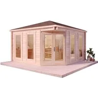 FinnTherm Saunahaus Sandor-70, 5-Eck - Sauna für 4 Personen mit 70 mm Wandstärke, Massivholzdach und Panorama-Tür – ideal für entspannende Wellnessmomente im eigenen Garten.