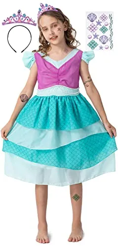 corimori Meerjungfrau Prinzessin Kostüm Kleid für Kinder | Set mit Tattoos & Diadem | Meerjungfrauenkostüm für Karneval, türkis, Größe 110/116