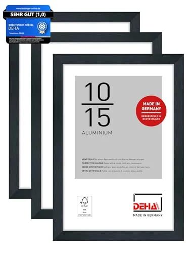 DEHA Design Bilderrahmen, 10 x 15 cm (3er Set), Aluminium, Schwarz matt, Fotorahmen zum Auftstellen im Hoch- & Querformat, bruchsicheres Kunstglas, Tribeca