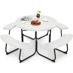 COSTWAY Sitzgarnitur für 8 Personen - Gartenmöbel Set mit Schirmloch - Gartenmöbel-Set für bis zu 8 Personen, mit wetterfester HDPE-Tischplatte und stabilem Metallrahmen. Ideal für entspannte Picknicks im Freien, inkl. Schirmloch für zusätzlichen Schatten.