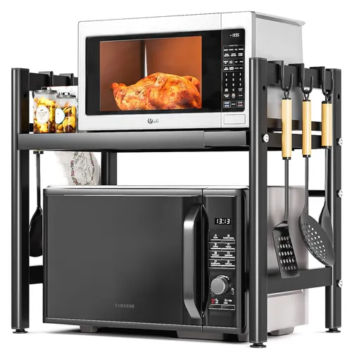 Vankarr Mikrowellen Regal - Stehendes Küchenregal mit Haken - Stehendes Bäckerregal mit verstellbarer Länge & Höhe, ideal für Mikrowelle und Küchenutensilien. Robustes Material garantiert Stabilität und hohe Tragfähigkeit bis 25 kg.