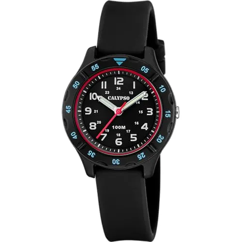Calypso K5847/4 Junge Kinderuhr - Armbanduhr für Jungen mit schwarzem Kautschukarmband, wasserdicht bis 10 Bar, ideal für aktive Kinder und den täglichen Gebrauch.