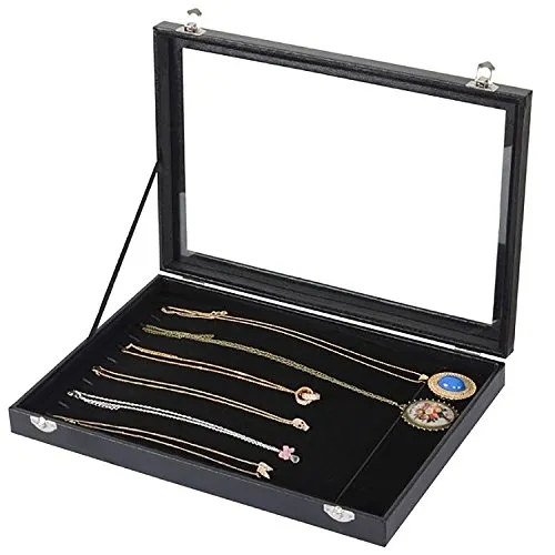 Sinoba Schmucklade Schmuckkasten Schaukasten Schmuckdisplay mit Glasdeckel (Lange Ketten mit Gummiband)