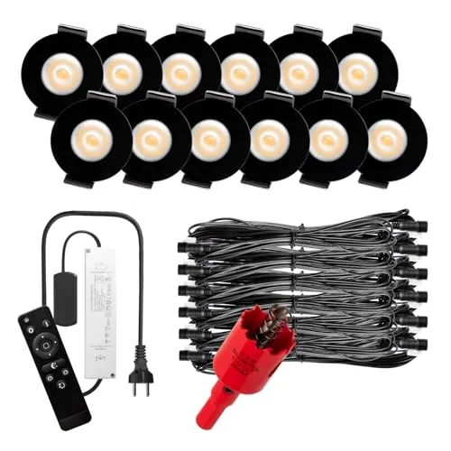 S-Polytec PREMIUM Mini LED- Einbauspots Warmweiß 3.000K, DIMMBAR, IP65, FUNK 3W Einbaustrahler Terrassenüberdachung, Bad, Sauna mit Fernbedienung (SCHWARZ, 12x LED-SET (Warmweiß))