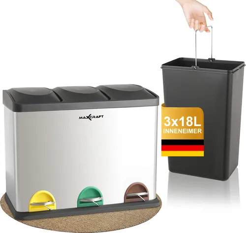 MAXCRAFT Mülleimer mit 3 Behältern - 54 Liter - Mülleimer mit 3 Kammern (3 x 18 Liter) für einfache Mülltrennung. Robustes Edelstahl-Design, geräuschlose Deckelöffnung und farblich gekennzeichnete Pedale für eine saubere und sichere Entsorgung.