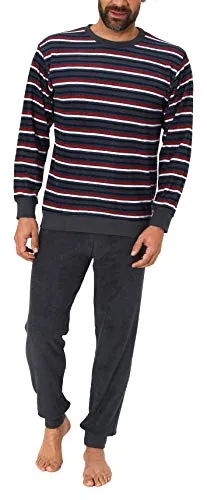 Herren Frottee Pyjama Langarm Schlafanzug mit Bündchen in Streifenoptik