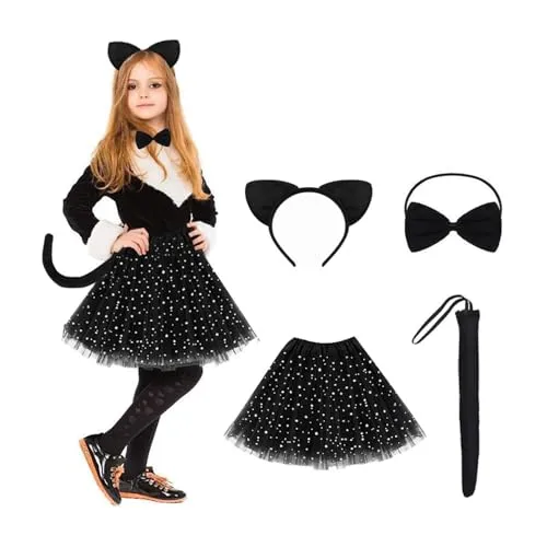 Katzen Kostüm Mädchen für Fasching, Karneval und Halloween - Kostüme für Kinder: 3-teiliges Set mit Katzenohren, Fliege und Tüllrock, ideal für Kinder von 2-8 Jahren, sorgt für strahlende Auftritte auf jeder Party.