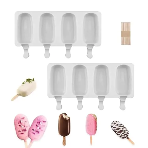 Eisformen Silikon-Form,2Stück 8 Zellen Lebensmittelecht Eisformen Eis am Stiel Formen Silikonformen mit 20 Holzstäbchen für Kinder und Erwachsene