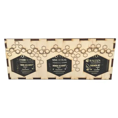 3er Holzgeschenkset mit 50g Honiggläsern in 3 Sorten inkl. Gravur