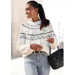 Norwegerpullover LASCANA, Damen, Gr. 36/38, weiß, Strick, Obermaterial: 84% Polyacryl, 8% Polyamid, 6% Polyester, 2% Elasthan, gemustert, figurumspielend hüftlang, Rundhals, Raglanärmel, Pullover Norwegerpullover, aus weichem Strick, Weihnachtspullover, Strickpullover mit Wintermotiv, Topseller