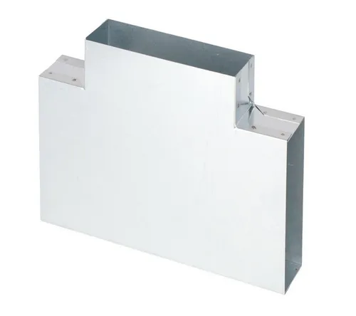 Subtiel Lüftungsschacht Flachkanal T-Stück 90° - Flexibles T-Stück für Flachkanäle zur optimalen Luftverteilung. Ideal für verschiedene Luftarten, stabil aus verzinktem Stahl und temperaturbeständig bis 250°C. Perfekt für individuelle Belüftungslösungen.