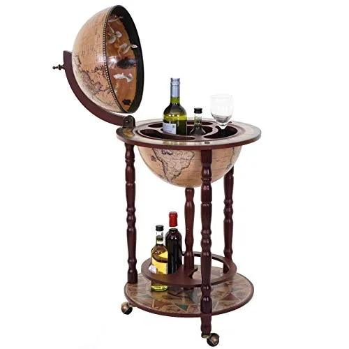 Mendler Globusbar HWC-D83, rollbare Minibar im eleganten Design - Weinregal aus Eukalyptusholz mit antiker Weltkarte, ideal zur stilvollen Aufbewahrung von Flaschen und Gläsern. Ein echter Hingucker für Ihr Zuhause!