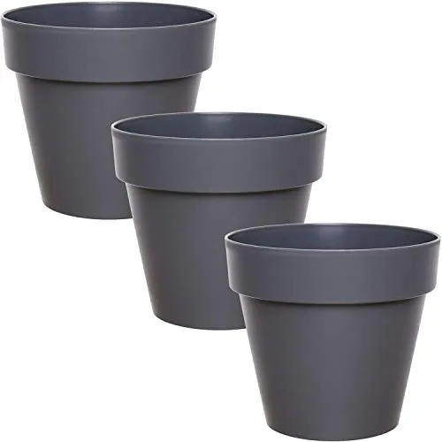 idea-station IBI Blumentopf Set 3 x 14 cm - anthrazit - bruchsichere Blumentöpfe aus Plastik für verschiedenste Pflanzen, Blumen oder Kräuter - Matte Übertöpfe für innen und außen