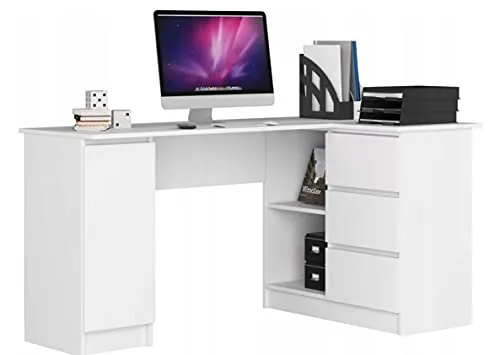 BDW Eckschreibtisch Weiß, 3 Schubladen rechts und 4 Einlegeböden, viel Platz zum Ausbreiten. Perfekt für Jugendzimmer, Büros und Ateliers