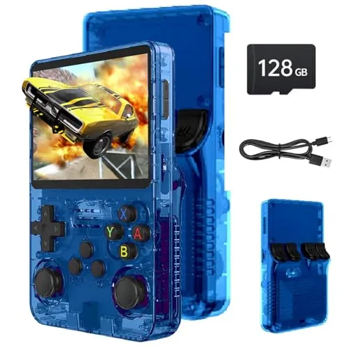 Febotak R36S Retro-Handheld-Spielkonsole, 3,5-Zoll-IPS-Bildschirm, 128 GB Speicher, über 40.000 Spiele, basierend auf LINXU Open Source ARKOS, 3500-mAh-Akku (Blau)