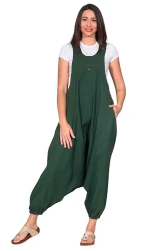 Kunst und Magie Hippie Latzhose Haremshose Hose Psy Goa 70er Overall, Größe:M, Farbe:Grün