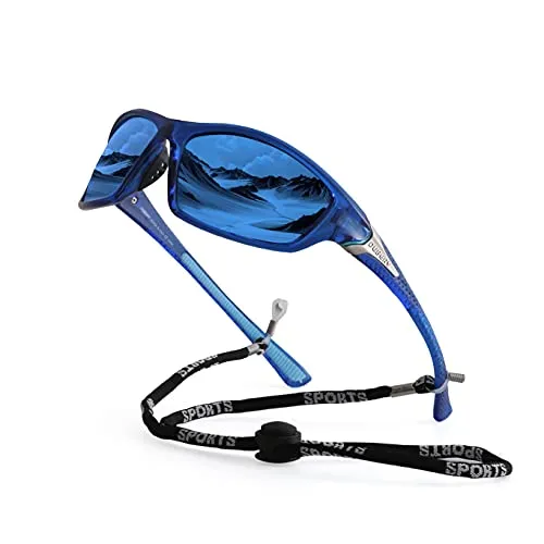 yoofun Sonnenbrille Herren Polarisiert UV400 Schutz zum Fahren Radfahren Golf Fischen Laufen Segeln Skifahren mit Brillenband Sunglass Strap, Blau&Silber/Schwarz