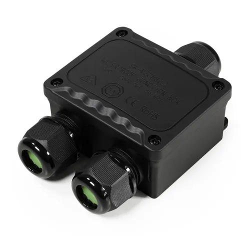 Abzweigdose IP68 - Y-Version für Außen, 1 Ein- und 2 Ausgänge - Praktische Abzweigdose für einfache Kabelverlegung im Außenbereich. Mit IP68-Schutz gegen Staub und Wasser, ideal für anspruchsvolle Umgebungen. Maße: 123x82x42mm, geeignet für Kabelquerschnitte von 0,5-2,5mm².